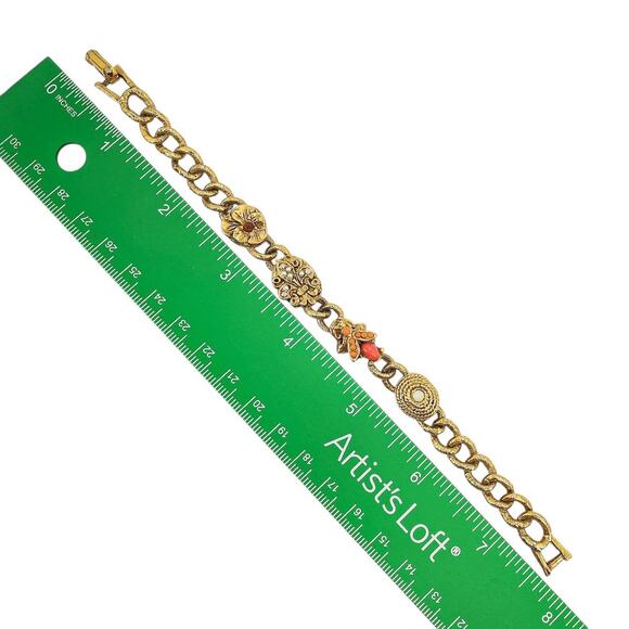 Vintage Gold-Tone Link Bracelet w Insect & Floral Charms Victorian Revival 7.5” - Picture 5 of 5
